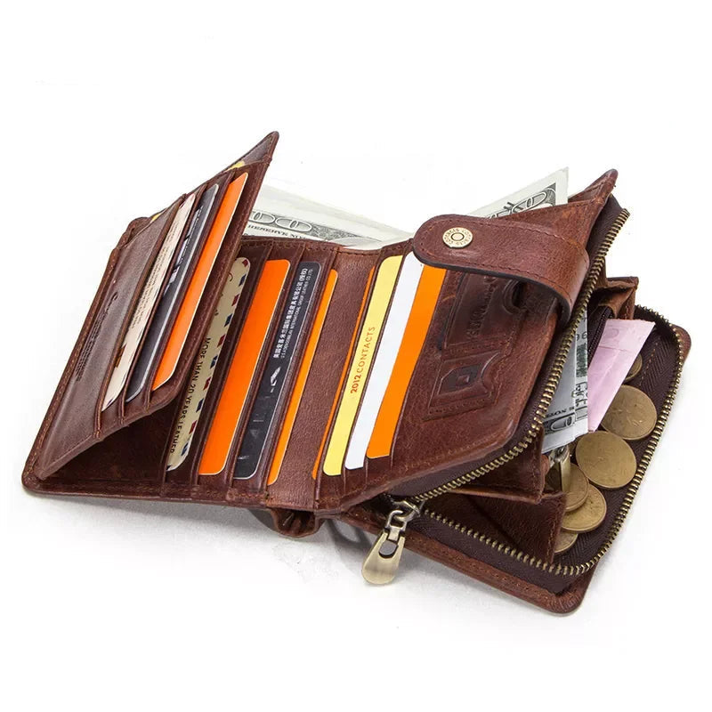 Genuine Leather RFID Vintage Men’s Wallet | Short Wallet with Coin Pocket & Zipper Card Holder