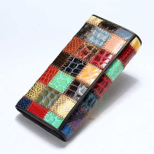 Women's Genuine Leather Long Wallet - Boho Style Clutch with Wristlet, Coin and Card Holder