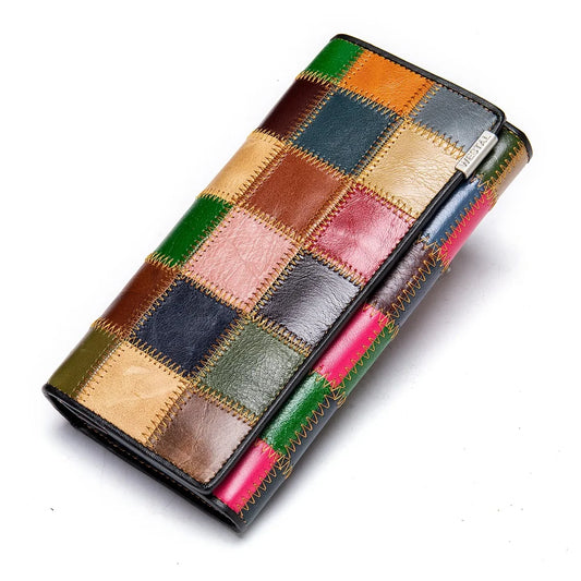 Women's Genuine Leather Long Wallet - Boho Style Clutch with Wristlet, Coin and Card Holder