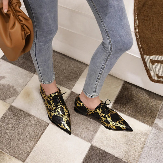 Women’s Lace-Up Brogue Flats - PU Leather Snake Print Oxford Loafers, Pointed Toe