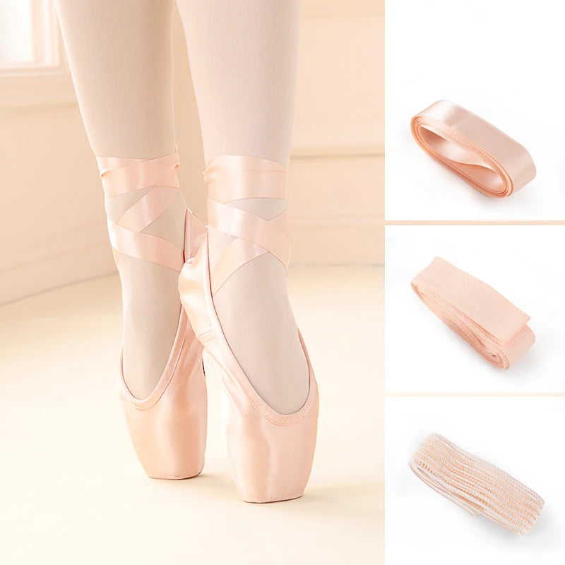 Professional Satin Ballet Pointe Shoes for Women - Leather Sole with Ribbons for Ballerinas