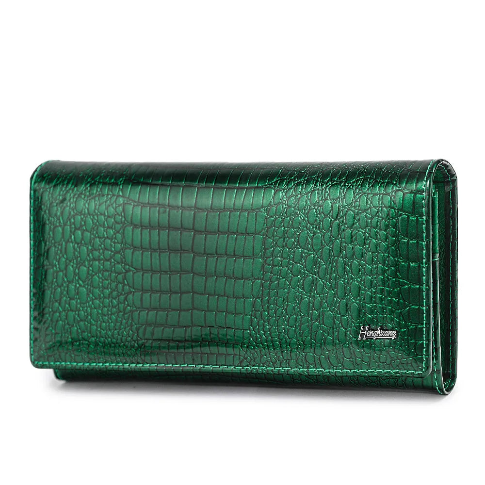 Luxury Genuine Leather Women's Wallet - Alligator Pattern Long Clutch with Coin Purse