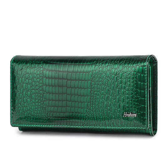 Luxury Genuine Leather Women's Wallet - Alligator Pattern Long Clutch with Coin Purse