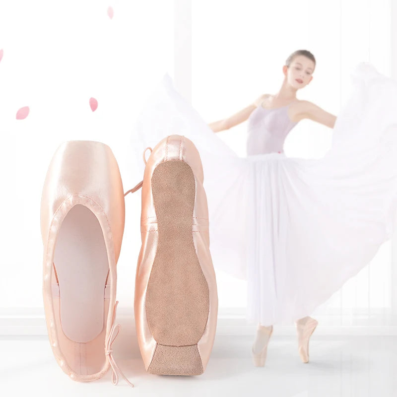 Professional Satin Ballet Pointe Shoes for Women - Leather Sole with Ribbons for Ballerinas