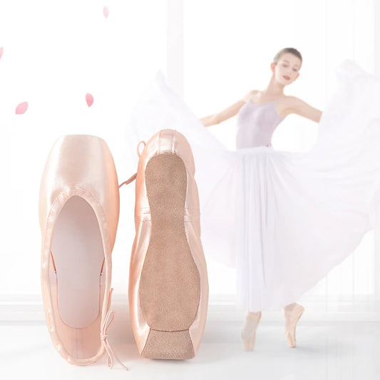 Professional Satin Ballet Pointe Shoes for Women - Leather Sole with Ribbons for Ballerinas