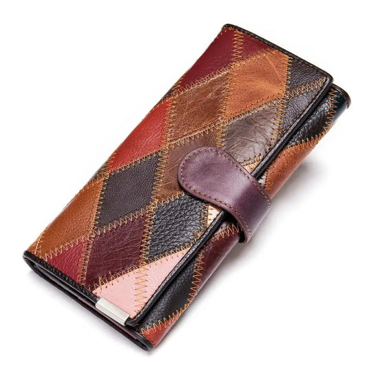 Women's Genuine Leather Long Wallet - Boho Style Clutch with Wristlet, Coin and Card Holder