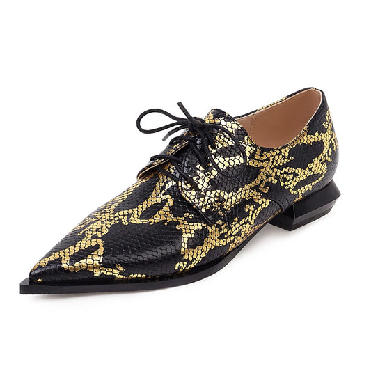Women’s Lace-Up Brogue Flats - PU Leather Snake Print Oxford Loafers, Pointed Toe