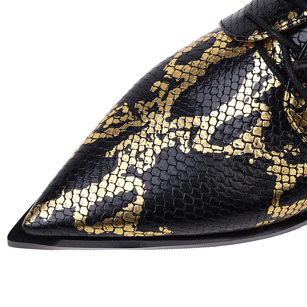 Women’s Lace-Up Brogue Flats - PU Leather Snake Print Oxford Loafers, Pointed Toe