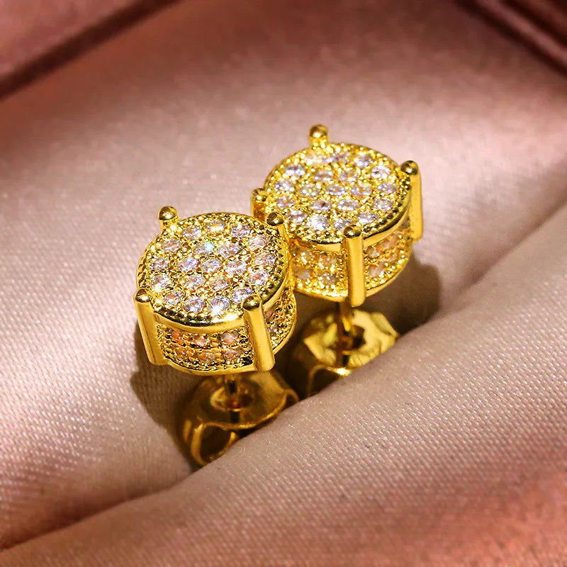 Luxury Round Zircon Stud Earrings - White & Yellow Gold Plated Full Crystal Design, Timeless Wedding & Evening Jewelry