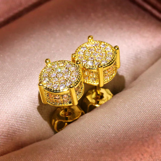 Luxury Round Zircon Stud Earrings - White & Yellow Gold Plated Full Crystal Design, Timeless Wedding & Evening Jewelry