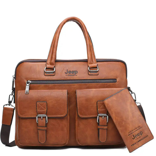 Jeep Men’s Business Briefcase Set | Split Leather Laptop & Office Bag 2Pcs for 13.3" Laptop & A4 Documents