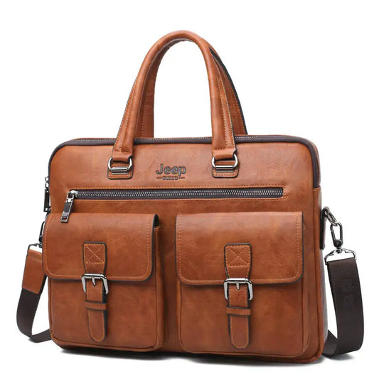 Jeep Men’s Business Briefcase Set | Split Leather Laptop & Office Bag 2Pcs for 13.3" Laptop & A4 Documents