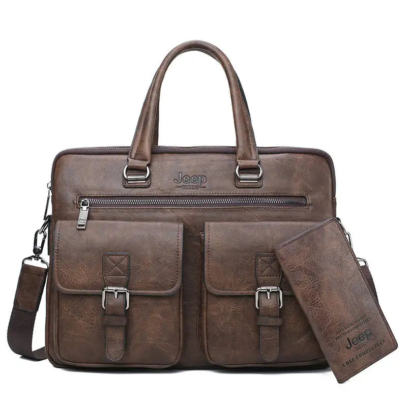 Jeep Men’s Business Briefcase Set | Split Leather Laptop & Office Bag 2Pcs for 13.3" Laptop & A4 Documents