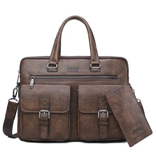 Jeep Men’s Business Briefcase Set | Split Leather Laptop & Office Bag 2Pcs for 13.3" Laptop & A4 Documents