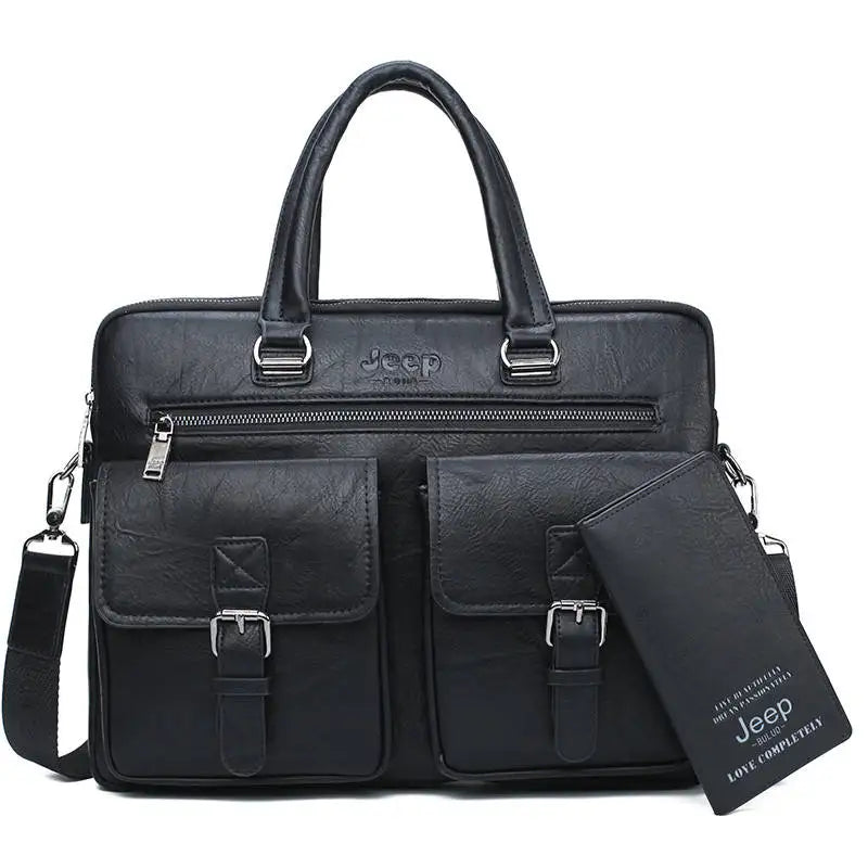 Jeep Men’s Business Briefcase Set | Split Leather Laptop & Office Bag 2Pcs for 13.3" Laptop & A4 Documents