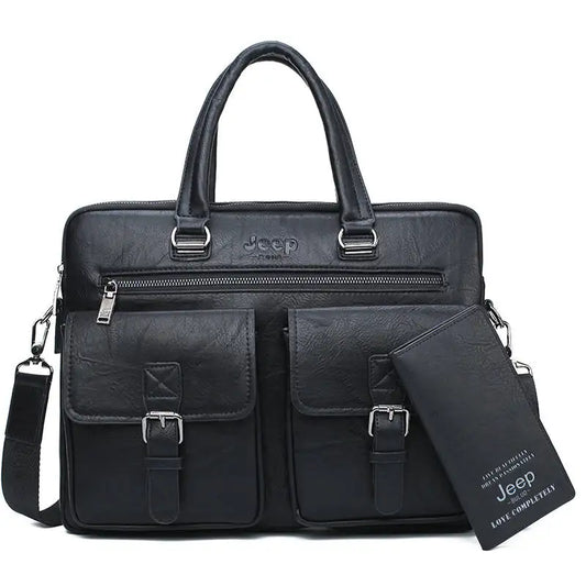 Jeep Men’s Business Briefcase Set | Split Leather Laptop & Office Bag 2Pcs for 13.3" Laptop & A4 Documents