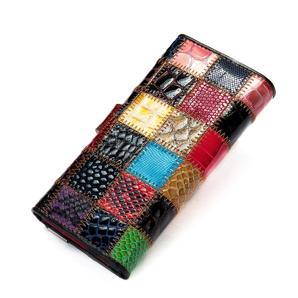 Women's Genuine Leather Long Wallet - Boho Style Clutch with Wristlet, Coin and Card Holder