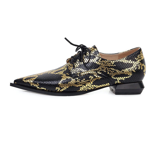 Women’s Lace-Up Brogue Flats - PU Leather Snake Print Oxford Loafers, Pointed Toe