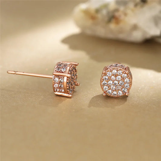 Luxury Round Zircon Stud Earrings - White & Yellow Gold Plated Full Crystal Design, Timeless Wedding & Evening Jewelry