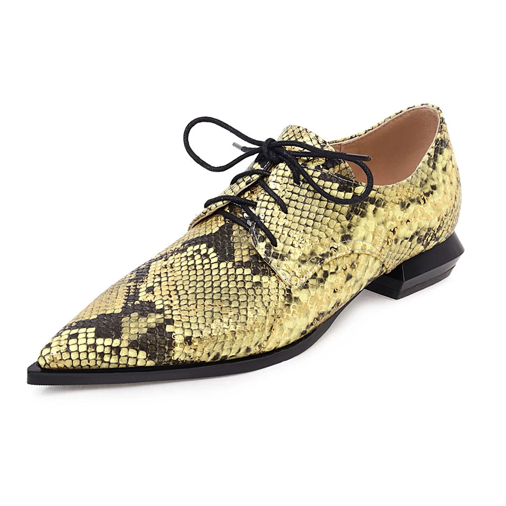 Women’s Lace-Up Brogue Flats - PU Leather Snake Print Oxford Loafers, Pointed Toe