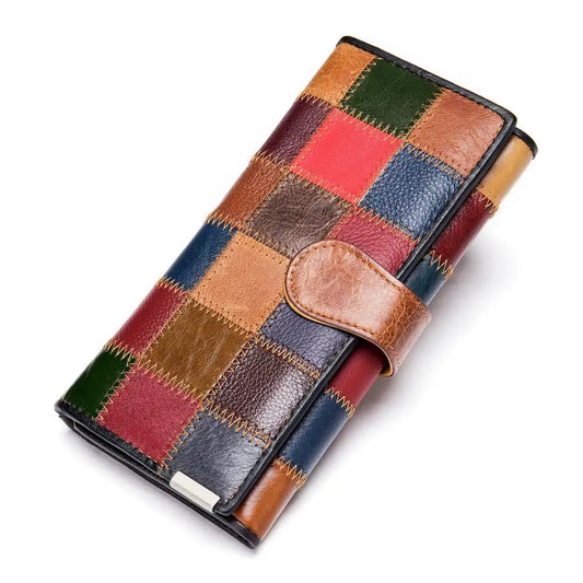 Women's Genuine Leather Long Wallet - Boho Style Clutch with Wristlet, Coin and Card Holder