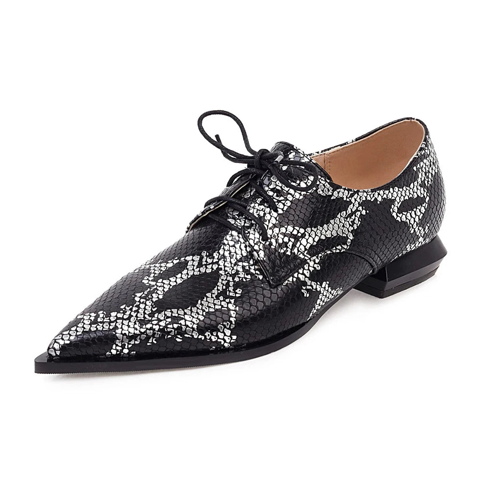 Women’s Lace-Up Brogue Flats - PU Leather Snake Print Oxford Loafers, Pointed Toe
