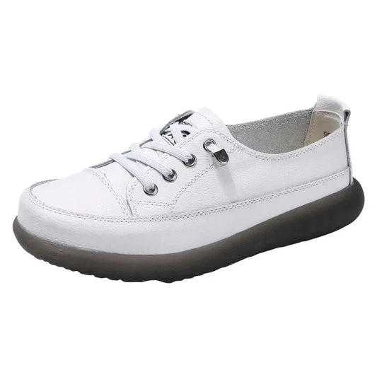 Natural Genuine Leather Flat Casual Shoes - White Lace-Up Ballet & Court Flats for Women