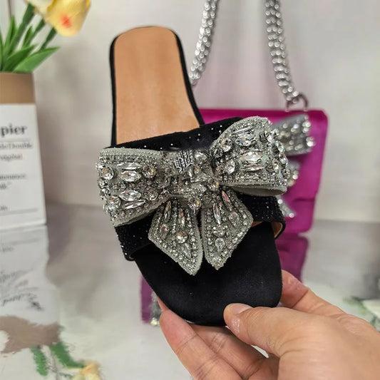 Women’s Rhinestone Flat Slippers - Peep Toe Square Toe Slip-On Sandals with Metal Decoration