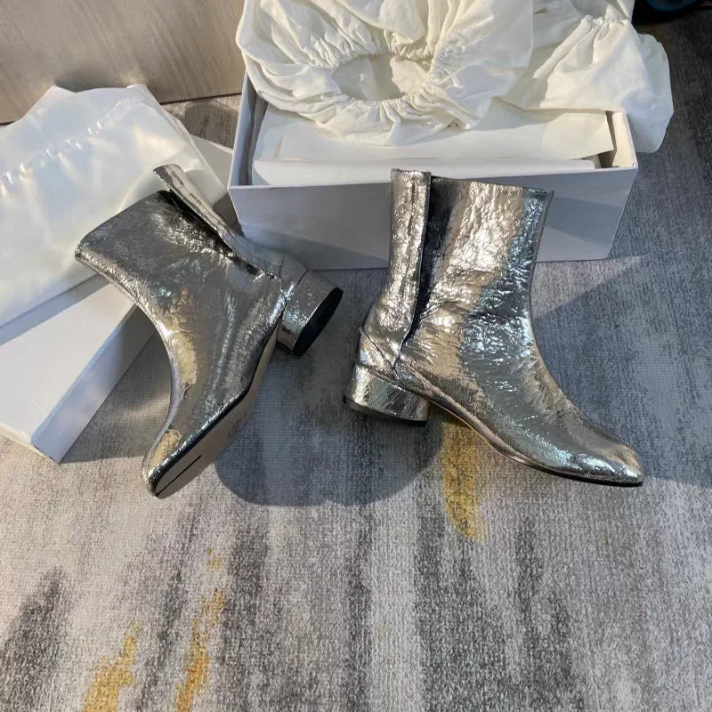 Luxury Designer Women’s Ankle Boots - Genuine Leather Split-Toe Booties with Chunky Silver Heels