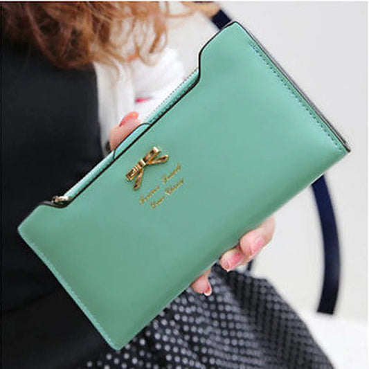 Cute Bowknot Long Wallet - PU Leather Zipper Clutch with Multi-Card Slots & Phone Pocket