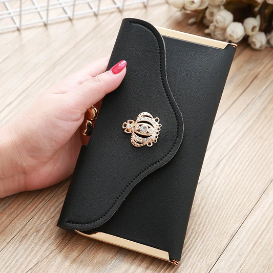 Women's Crown Style Long Wallet - Elegant Hasp & Zipper Clutch with ID Card Holder and Coin Pouch