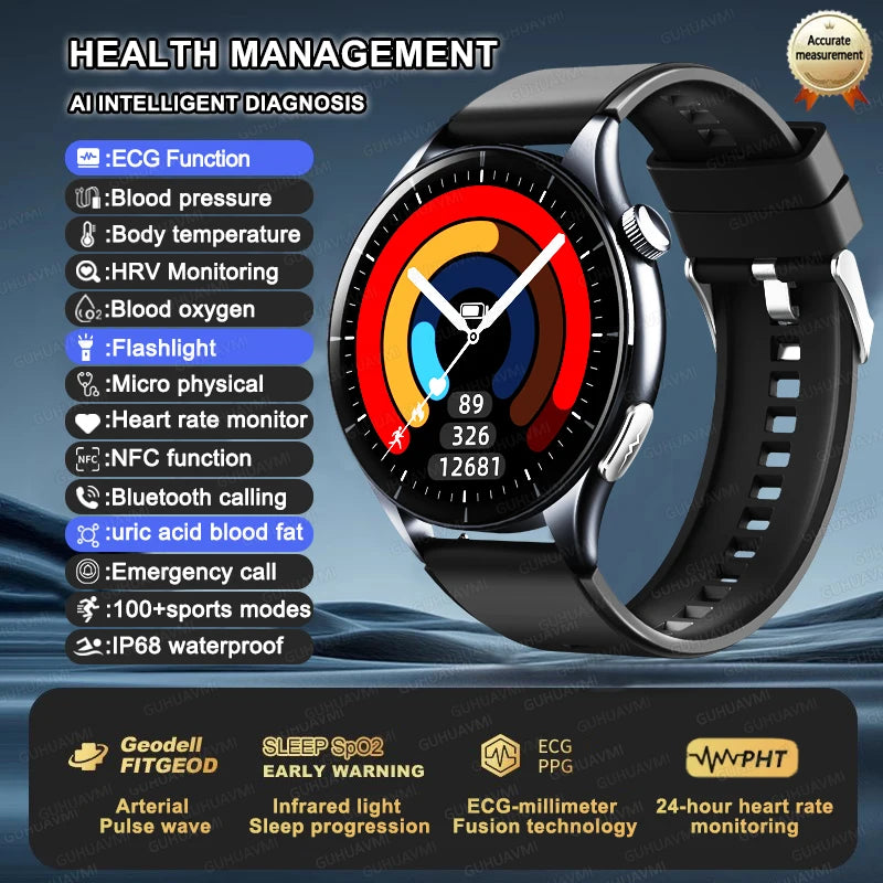 Premium NFC Health Smartwatch - ECG & PPG Monitoring, Blood Pressure, Blood Oxygen, Uric Acid Analysis, Men & Women