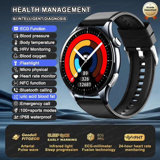 Premium NFC Health Smartwatch - ECG & PPG Monitoring, Blood Pressure, Blood Oxygen, Uric Acid Analysis, Men & Women