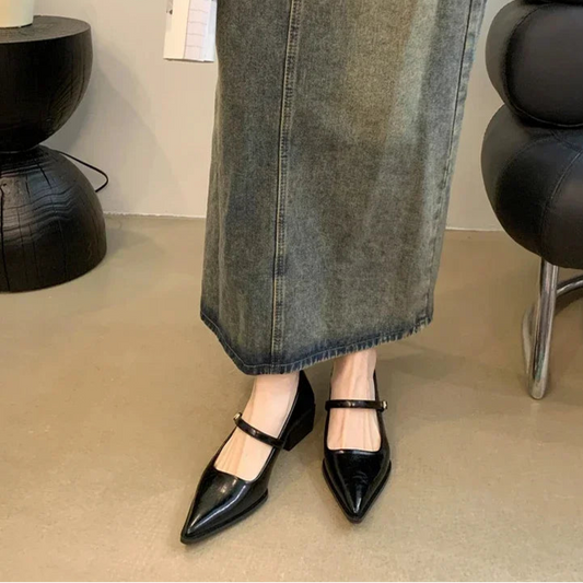 Retro Mary Jane Pumps for Women - Thick Heel, Pointed Toe, Elegant Office Shoes