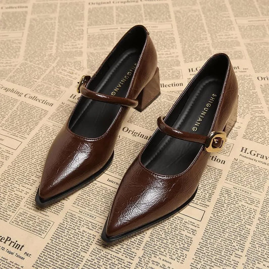Retro Belt Buckle Leather Shoes for Women - Pointed Toe, Mid-Length, Comfortable Slip-On Flats