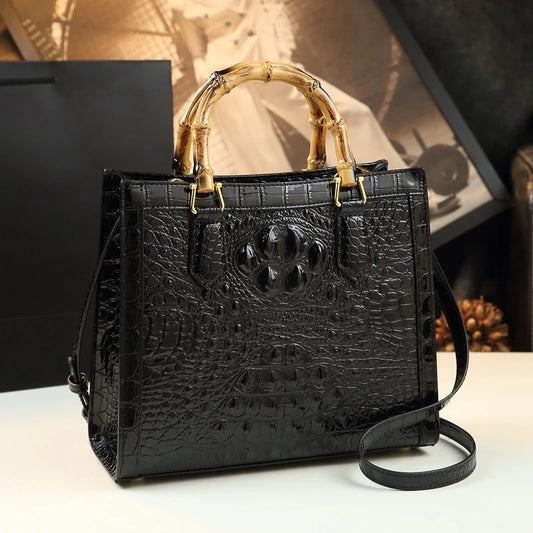 Verona Croc-Embossed Tote with Bamboo Handle - Elegant Shoulder Handbag for Women