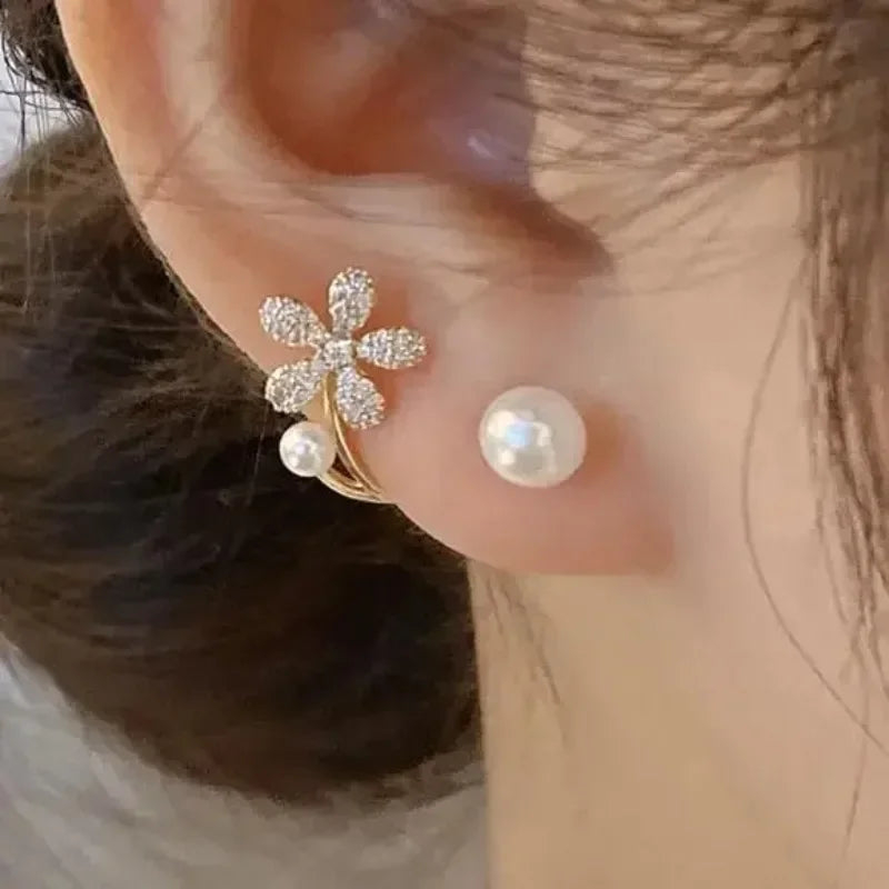 Korean Vintage Pearl & Crystal Earrings - Luxury Zircon Flower, Butterfly & Leaf Studs for Women