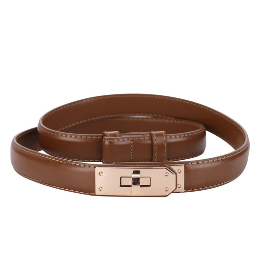 Women’s Leather Belt - Golden Metal Buckle, Luxury Casual Strap for Jeans & Dresses