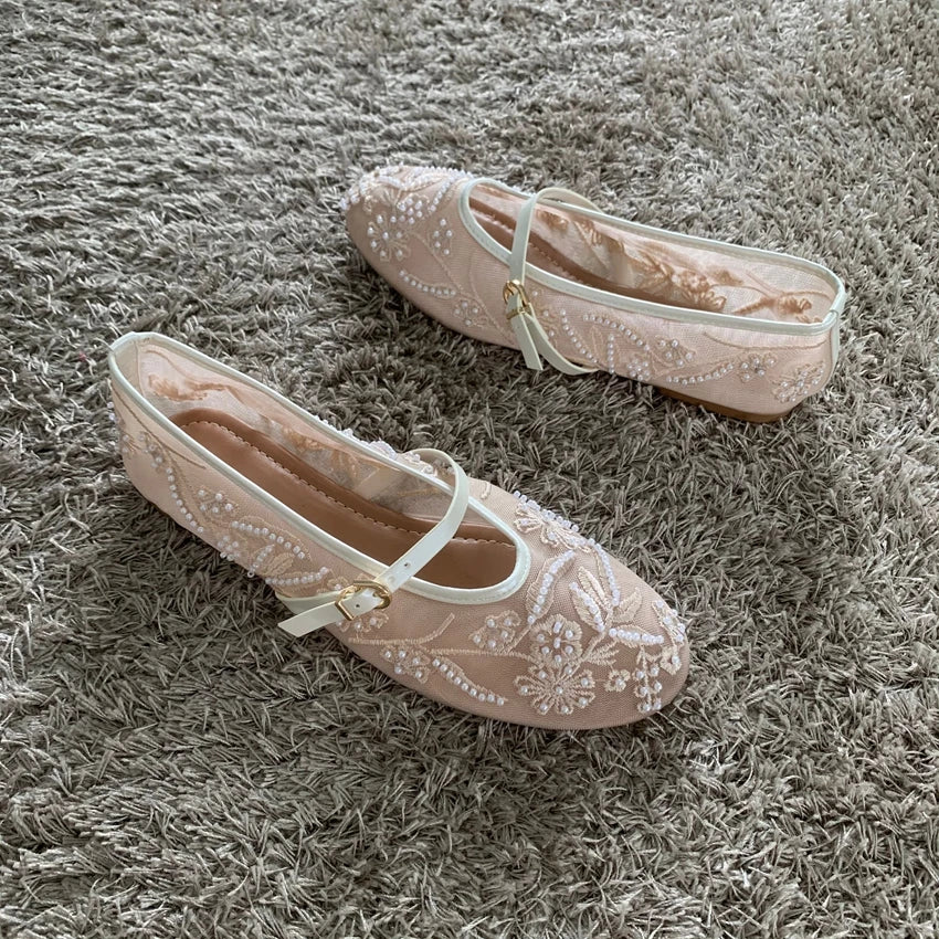 Mesh Embroidered Mary Jane Flats – Women’s Beaded Breathable Ballet Shoes with Low Heel