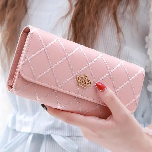 Black Diamond Pattern Long Wallet for Women - PU Leather Crown Buckle Clutch with Card Holder & Phone Pocket