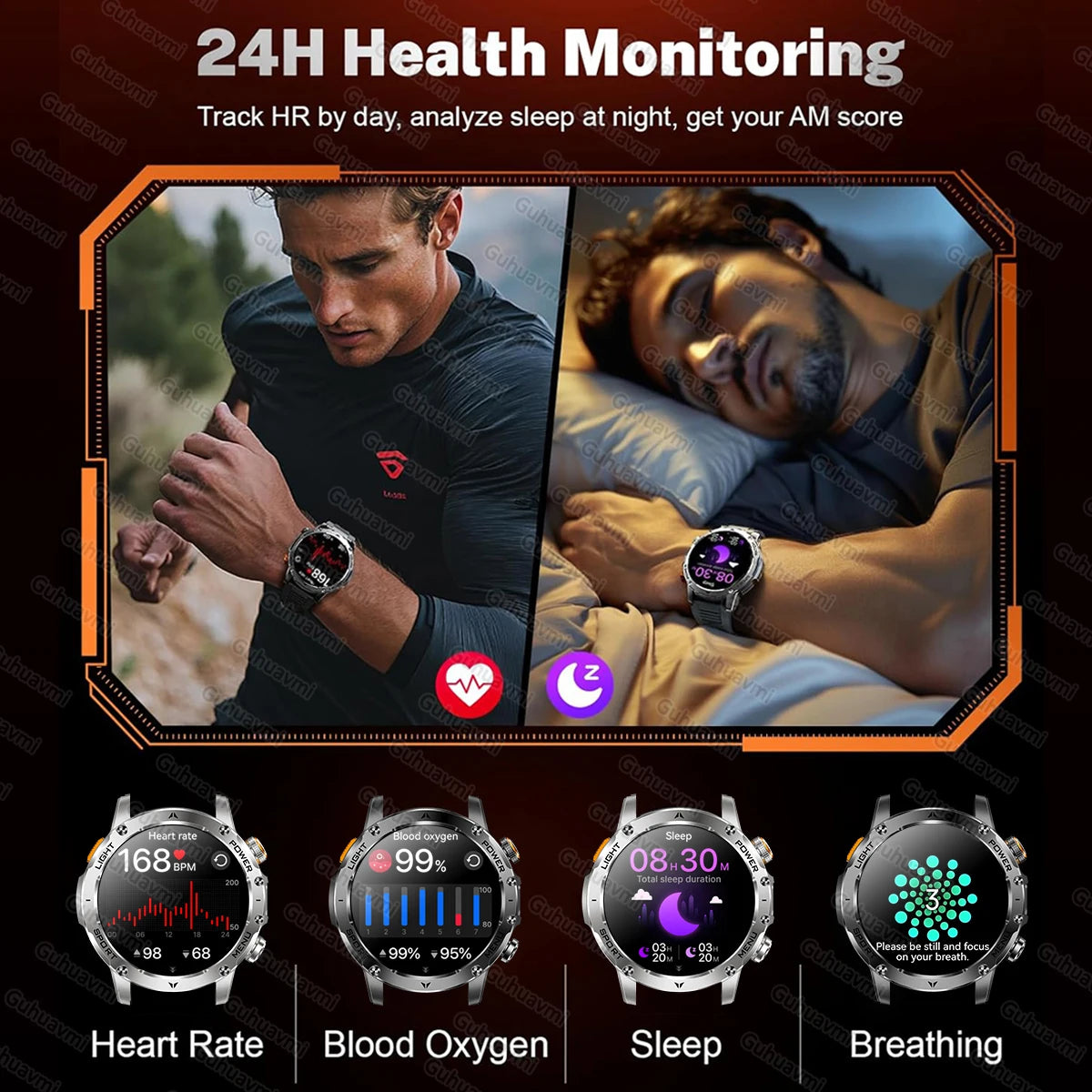 T-Rex 3 Military Smartwatch - 5ATM Waterproof, Heart Rate & Sports Tracker, 1000mAh Battery, Flashlight Feature for Men