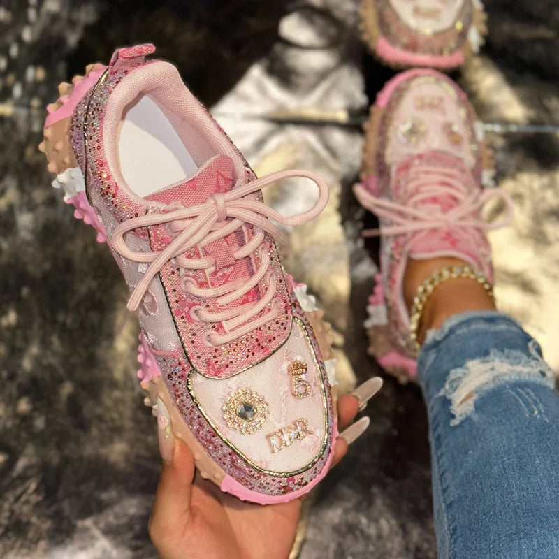 Luxury Designer Women’s Sneakers – Rhinestone Platform Sports Shoes, Fashion Outdoor Vulcanized Footwear
