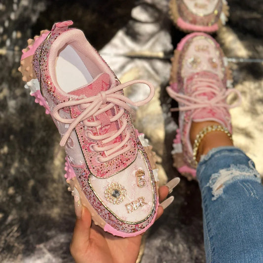 Luxury Designer Women’s Sneakers – Rhinestone Platform Sports Shoes, Fashion Outdoor Vulcanized Footwear