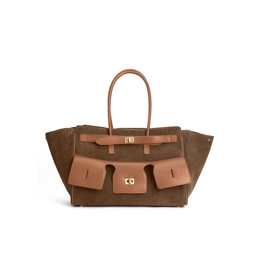 Velvara EliteLock Tote - Premium Leather & Suede Winged Shoulder Bag with Metallic Lock Accents
