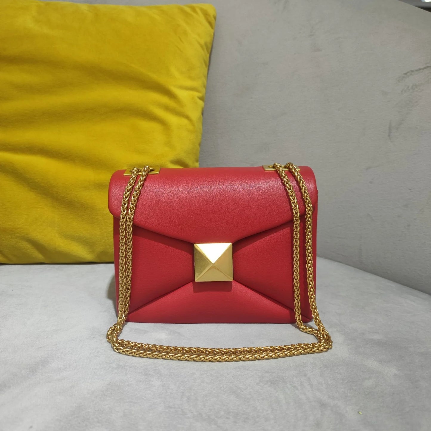 Verde Rivetta - Cowhide Leather Chain Shoulder Bag with Gold Stud Accents