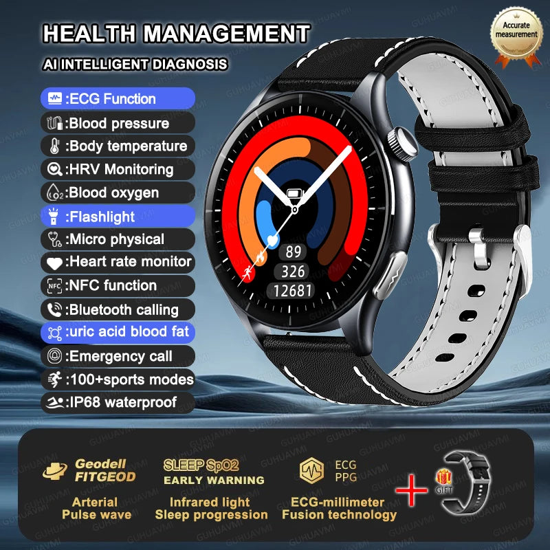 Premium NFC Health Smartwatch - ECG & PPG Monitoring, Blood Pressure, Blood Oxygen, Uric Acid Analysis, Men & Women
