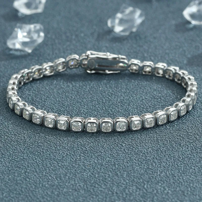 Luxury Asscher Moissanite Engagement Tennis Bracelet - 925 Sterling Silver Diamond Chain for Women
