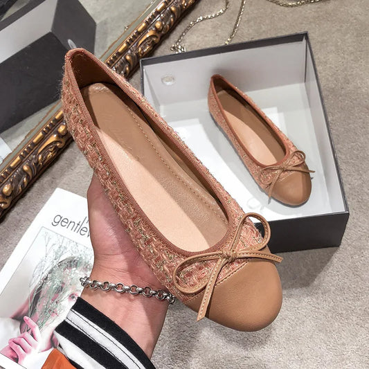 Elegant Tweed Ballerina Flats for Women - Round Toe Slip-On Loafers, Comfortable Maternity & Everyday Shoes