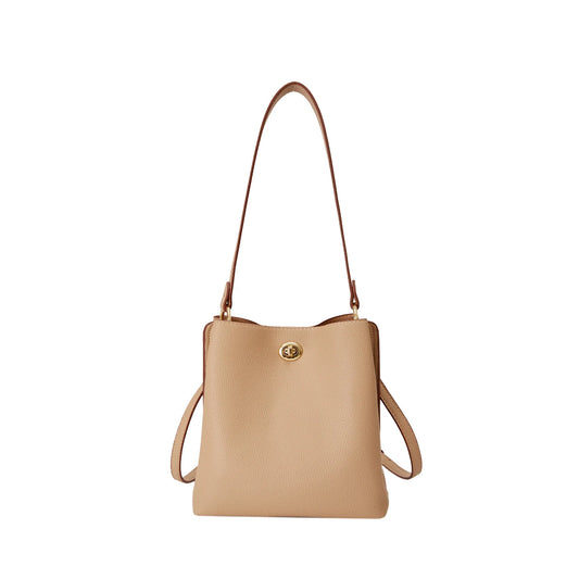 Solterra Chic Bucket Tote - Minimalist Beige Leather Shoulder Bag for Daily Elegance