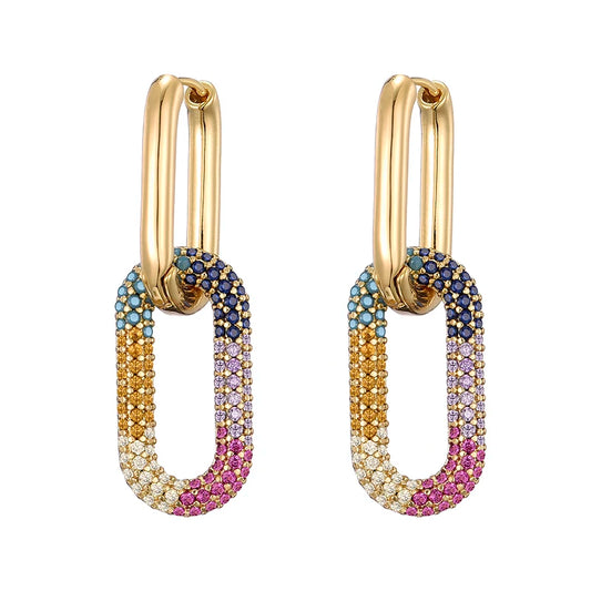 Gold Geometric Oval & Rectangle Hoop Earrings - Elegant Zircon Wedding Jewelry for Women